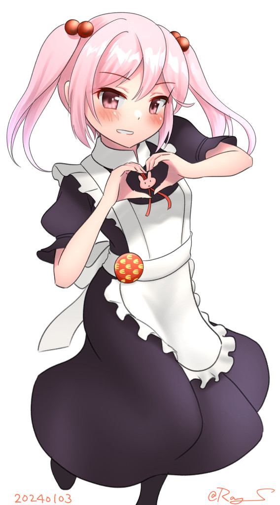 1girl alternate_costume apron badge enmaided feet_out_of_frame frilled_apron frills grin hair_bobbles hair_ornament heart heart_hands kantai_collection maid one-hour_drawing_challenge pink_eyes pink_hair ray.s sazanami_(kancolle) short_hair simple_background smile solo standing standing_on_one_leg twintails white_apron white_background