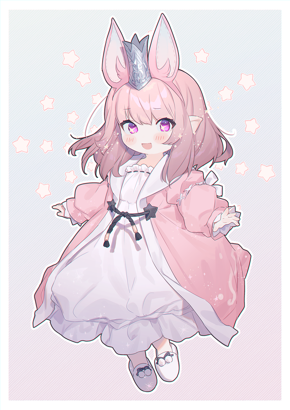 1girl animal_ear_hairband animal_ears blush breasts crown dress eyebrows_hidden_by_hair fake_animal_ears final_fantasy final_fantasy_xiv full_body funa_(sakana) hair_between_eyes highres lalafell looking_at_viewer medium_hair mini_crown nightgown pink_eyes pink_hair pink_robe pointy_ears robe simple_background slippers small_breasts smile solo sparkling_eyes star_(symbol) warrior_of_light_(ff14) white_dress white_footwear white_nightgown