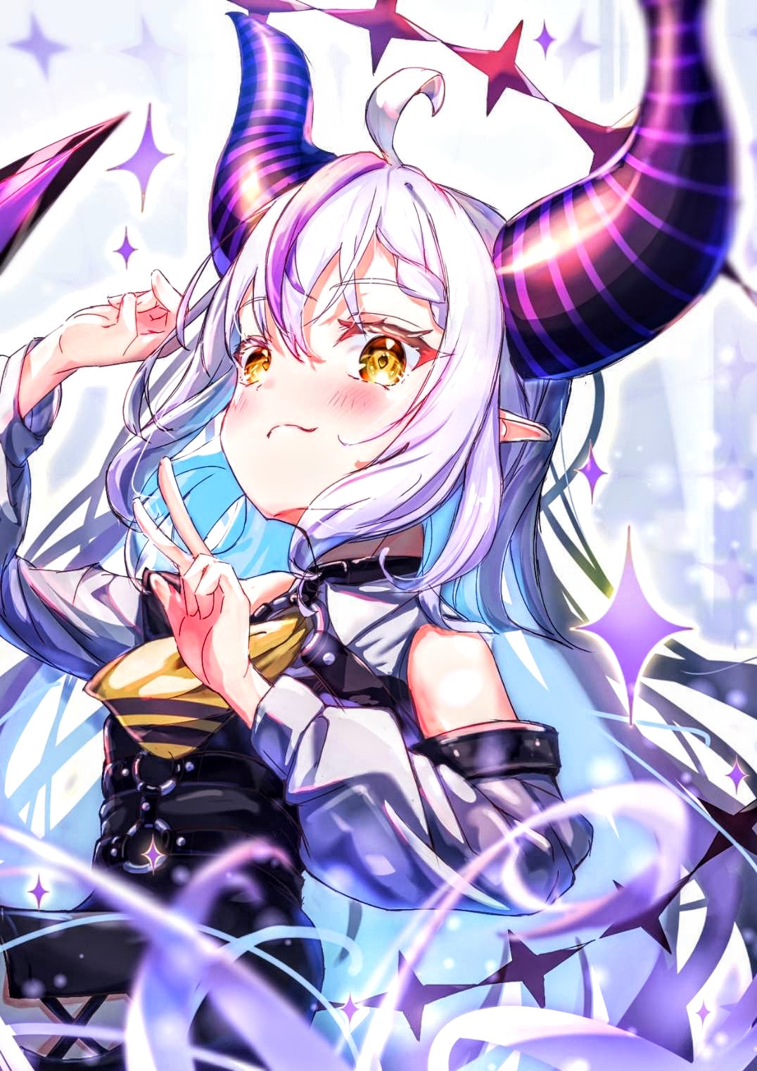 1girl ahoge antaaku bare_shoulders black_dress black_horns blush braid braided_bangs closed_mouth commentary_request demon_horns detached_sleeves dress grey_hair hand_up highres hololive horns la+_darknesss la+_darknesss_(1st_costume) long_hair looking_at_viewer multicolored_hair neckerchief pointy_ears purple_hair sleeveless sleeveless_dress slit_pupils smile solo streaked_hair striped_horns tail upper_body very_long_hair virtual_youtuber yellow_eyes yellow_neckerchief