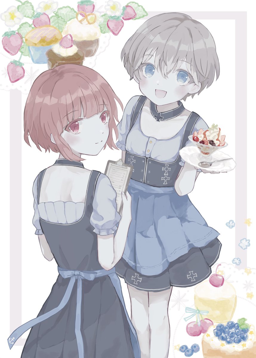 2girls berry blue_eyes blueberry blunt_bangs brown_hair closed_mouth cross dirndl dress food fruit german_clothes grey_hair hair_between_eyes highres holding iron_cross kantai_collection looking_at_viewer multiple_girls official_art open_mouth plate short_hair short_sleeves simple_background spoon suihei z1_leberecht_maass_(kancolle) z3_max_schultz_(kancolle)