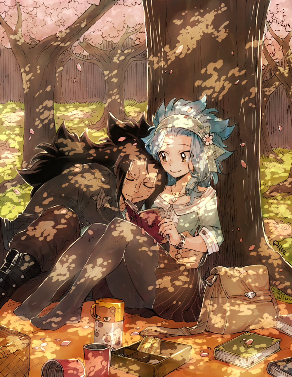 1boy 1girl bad_id bad_tumblr_id bag basket bento black_hair black_pantyhose blue_hair book cherry_blossoms closed_eyes cup fairy_tail falling_petals gajeel_redfox grass hairband highres holding holding_book hug levy_mcgarden long_hair looking_at_another medium_hair pantyhose petals rusky skirt smile