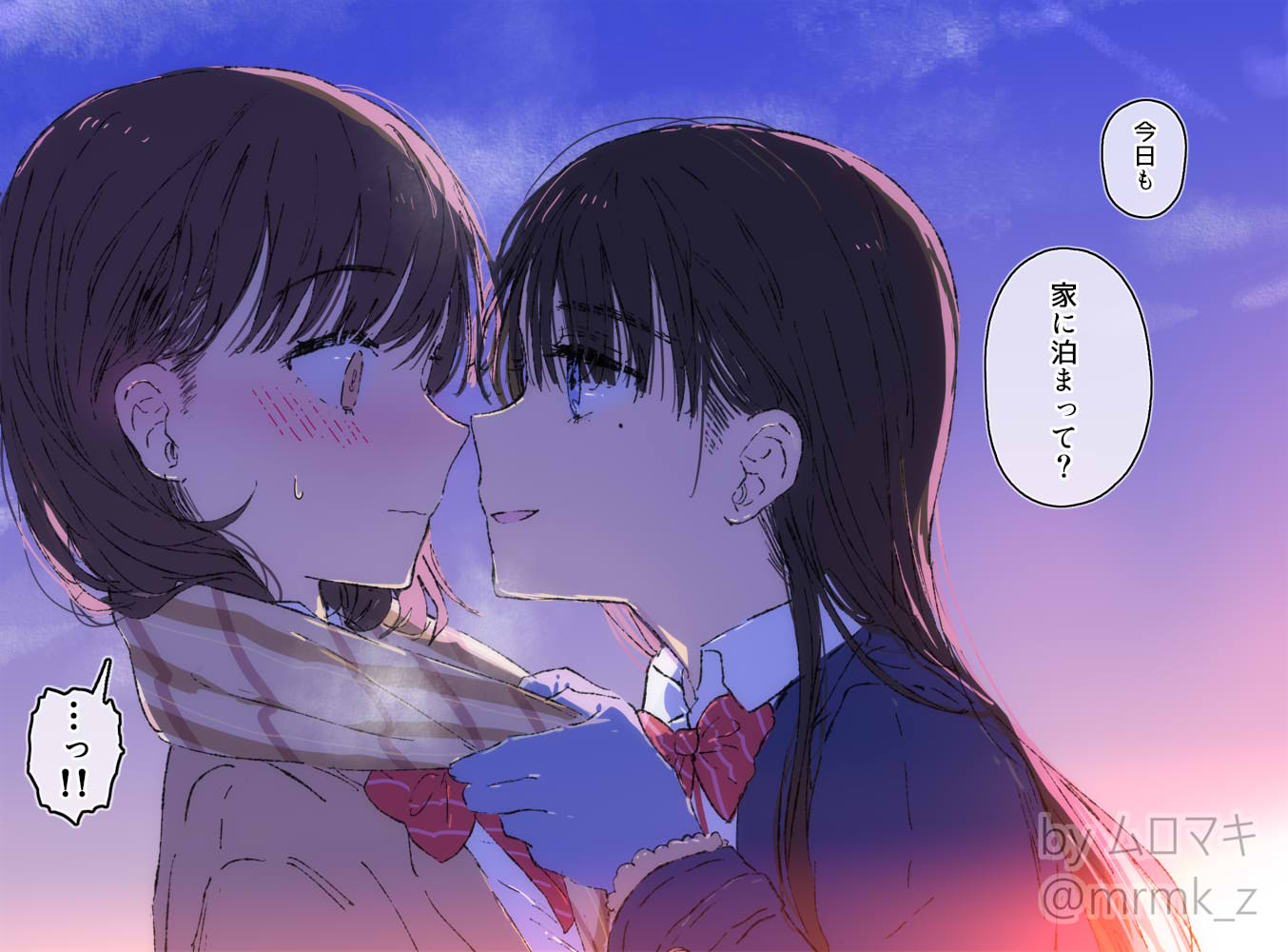 2girls artist_name black_hair blue_eyes blue_jacket blush bow bowtie brown_eyes brown_hair brown_jacket brown_scarf closed_eyes closed_mouth collared_shirt commentary_request diagonal-striped_bow diagonal-striped_bowtie diagonal_stripes dress_shirt eye_contact gloves grey_gloves jacket lens_flare long_hair long_sleeves looking_at_another mole mole_under_eye multiple_girls muromaki open_mouth original red_bow red_bowtie scarf school_uniform shirt short_hair speech_bubble striped sweatdrop translation_request twitter_username upper_body wavy_mouth white_shirt wide-eyed winter_clothes yuri
