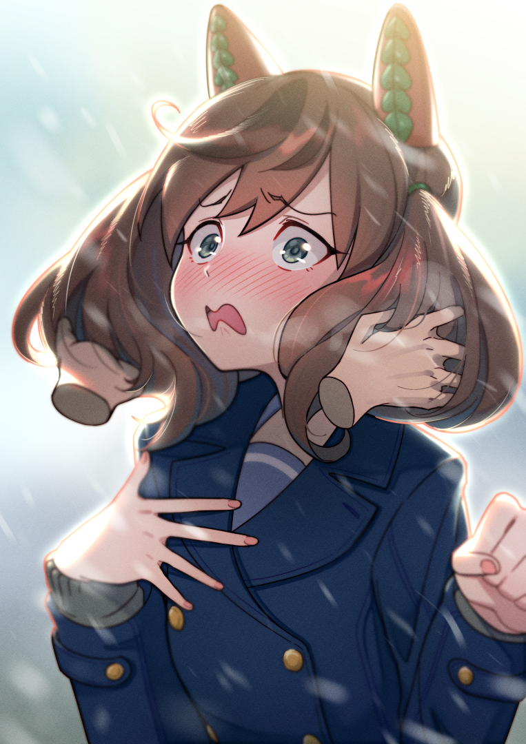 1girl animal_ears blue_coat blush brown_eyes brown_hair buttons clenched_hand coat commentary disembodied_limb double-breasted ear_covers frown hair_tie hand_in_another's_hair hand_on_own_chest horse_ears horse_girl long_sleeves looking_at_viewer medium_hair multicolored_hair nice_nature_(umamusume) open_mouth sabum school_uniform snowing streaked_hair twintails umamusume winter_uniform