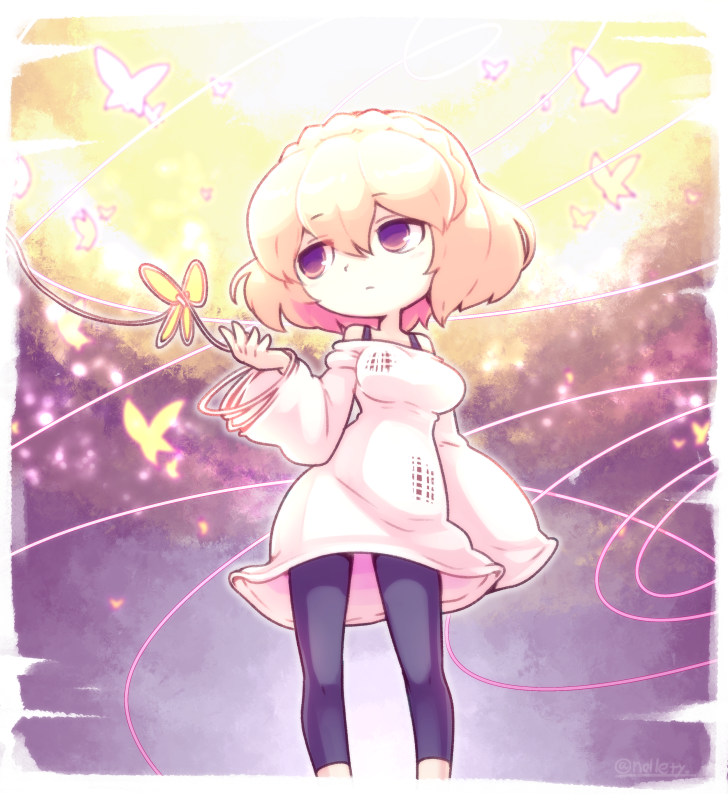 1girl black_pantyhose blonde_hair braid breasts bug butterfly knit_(pop'n_music) long_sleeves no_pupils nollety off_shoulder pantyhose pop'n_music short_hair signature solo string sweater