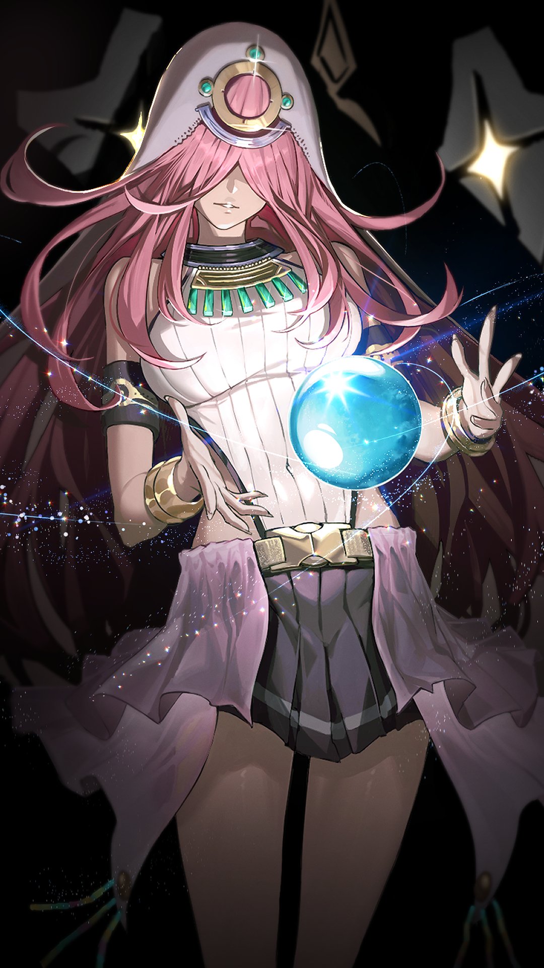 1girl arm_cuffs bracelet breasts crystal_ball famepeera hair_over_eyes heaven_burns_red highres jewelry large_breasts leotard long_hair parted_lips pink_hair pleated_skirt sakuraba_seira second-party_source skirt sleeveless_turtleneck_leotard solo turtleneck_leotard upper_body veil very_long_hair white_leotard white_veil