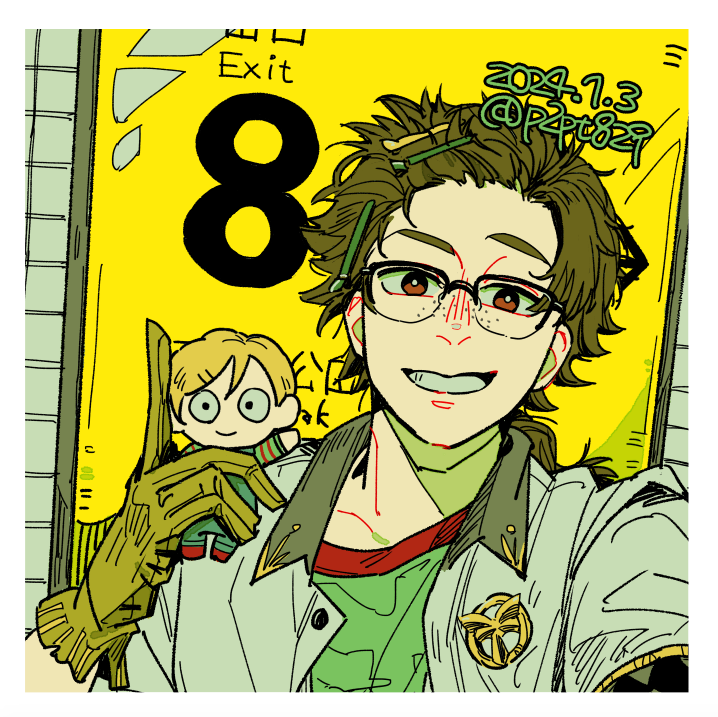 1boy bishounen brown_eyes brown_hair dated freckles glasses gloves happy_birthday holding holding_stuffed_toy horropedia jacket male_focus reverse:1999 sakita_pani short_hair smile solo stuffed_toy upper_body white_jacket
