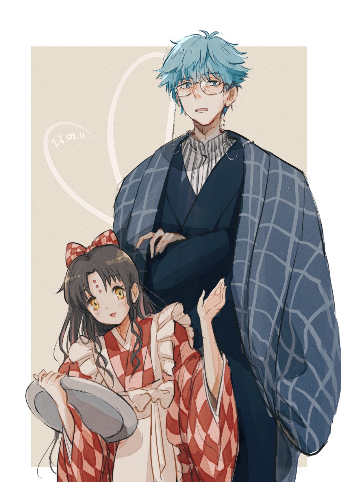 amidura apron black_hair blue_hair blue_kimono blush border bow checkered_bow checkered_clothes checkered_kimono cowboy_shot crossed_arms dated facial_mark fate/grand_order fate_(series) forehead_mark forehead_tattoo glasses grey_background grey_shirt hair_bow hands_up hans_christian_andersen_(adult)_(fate) hans_christian_andersen_(fate) haori heart highres holding holding_tray japanese_clothes kimono long_hair looking_at_viewer multicolored_hair open_mouth outside_border parted_bangs pink_bow pink_hair pink_kimono red_bow red_kimono sessyoin_kiara sessyoin_kiara_(lily) shirt short_hair sidelocks smile streaked_hair striped striped_shirt tray two-tone_bow two-tone_kimono two-tone_shirt vertical-striped_shirt vertical_stripes white_apron white_border white_bow white_shirt yellow_eyes