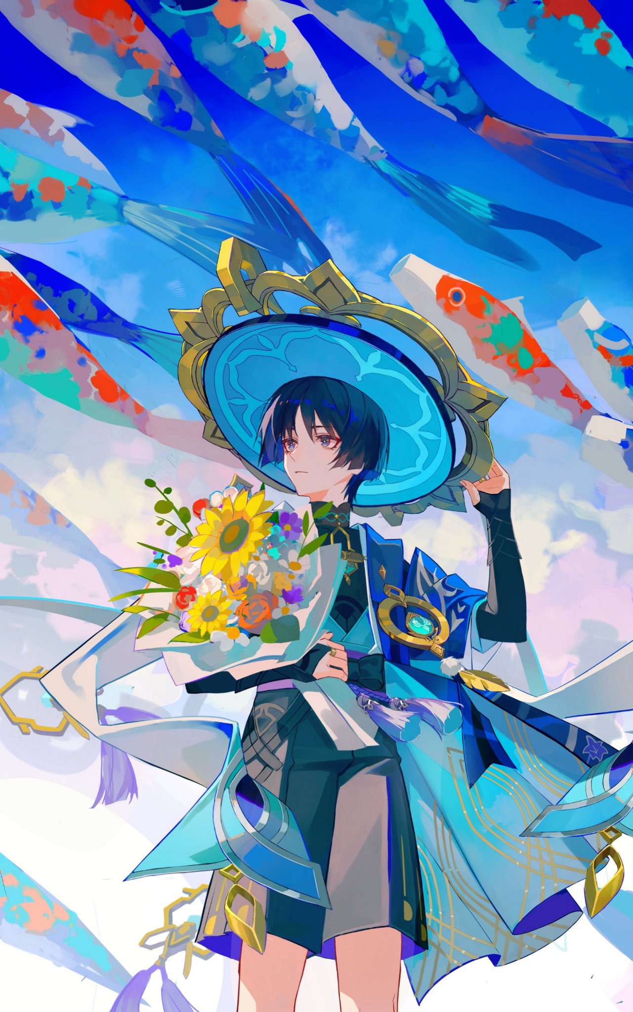 1boy armor birthday black_gloves black_shorts blue_eyes blue_hair blue_headwear blue_sky blue_vest blunt_ends bouquet closed_mouth clouds commentary_request day elbow_gloves eyeliner eyeshadow fingerless_gloves flower genshin_impact gloves hand_on_headwear hat highres holding holding_bouquet japanese_armor jingasa kote kurokote looking_to_the_side makeup male_focus red_eyeliner red_eyeshadow scaramouche_(genshin_impact) short_hair short_sleeves shorts sky solo tassel two-tone_vest vest vision_(genshin_impact) wanderer_(genshin_impact) white_vest yan_shen