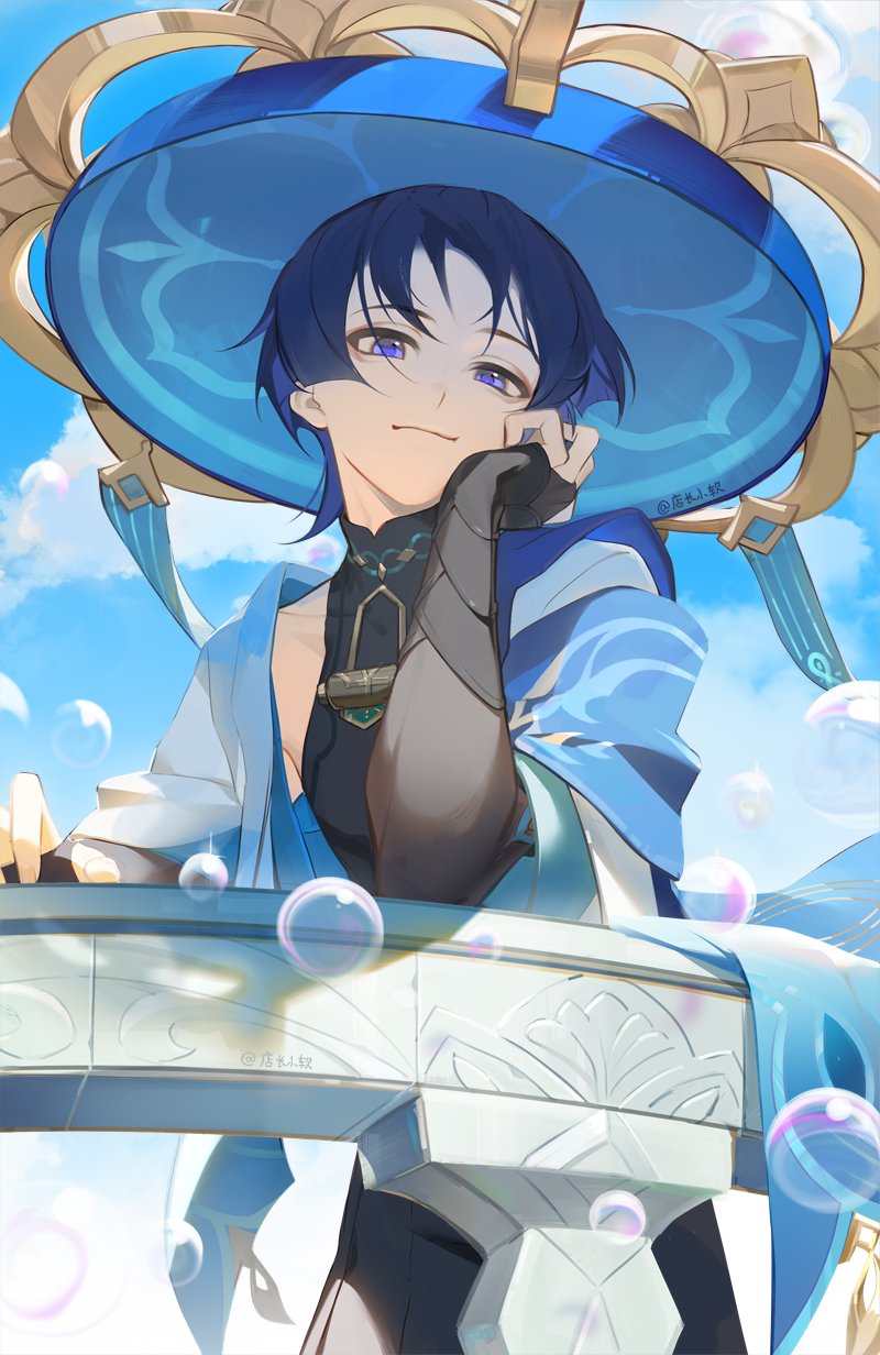 1boy :i against_railing armor bananakeki black_gloves blue_hair blue_headwear blue_sky blunt_ends bubble cheek_rest chinese_commentary closed_mouth clouds commentary_request day elbow_rest fingerless_gloves genshin_impact gloves gold hat highres japanese_armor jingasa kote kurokote large_hat looking_at_viewer male_focus mandarin_collar outdoors railing scaramouche_(genshin_impact) short_hair signature sky smile solo violet_eyes wanderer_(genshin_impact)