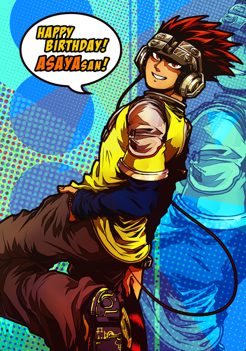 1boy air+ beatmania_iidx blue_background brown_pants commentary_request fingernails foot_out_of_frame grin halftone halftone_background happy_birthday headphones layered_sleeves long_sleeves looking_at_viewer male_focus orange_nails pants red_eyes redhead shirt short_hair short_over_long_sleeves short_sleeves smile solo spiky_hair yellow_shirt yuz_(beatmania_iidx) zoom_layer