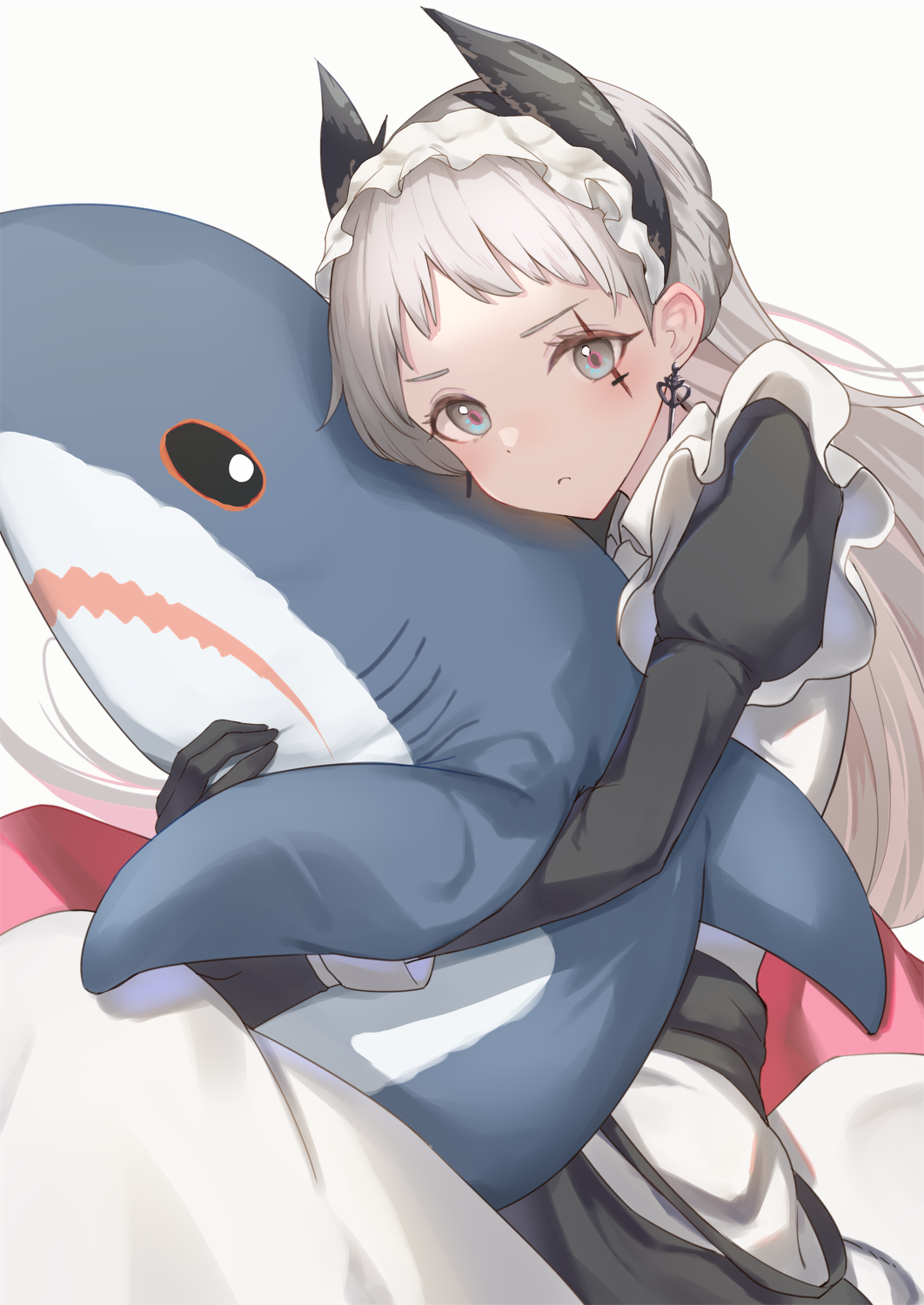 1girl arknights black_dress black_gloves blue_eyes dress earrings frown gloves grey_hair head_wings highres holding holding_stuffed_toy hugging_object ikea_shark irene_(arknights) irene_(voyage_of_feathers)_(arknights) jewelry kozeni_isari long_hair long_sleeves looking_at_viewer maid official_alternate_costume pillow pillow_hug pink_ribbon ribbon scar scar_across_eye simple_background solo stuffed_animal stuffed_rabbit stuffed_shark stuffed_toy very_long_hair white_background wings
