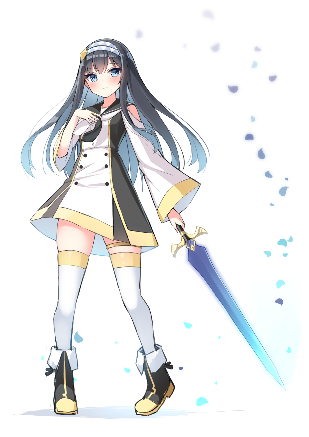 1girl black_footwear black_hair black_sailor_collar blue_eyes blush boots breasts closed_mouth clothing_cutout commentary_request dress fold-over_boots hand_up highres holding holding_sword holding_weapon long_hair long_sleeves mahoutsukai_rose_no_sado_life ominaeshi_(takenoko) rose_(mahoutsukai_rose_no_sado_life) sailor_collar sailor_dress shadow shoulder_cutout simple_background skindentation small_breasts smile solo sword thigh-highs thighhighs_under_boots very_long_hair weapon white_background white_dress white_thighhighs wide_sleeves