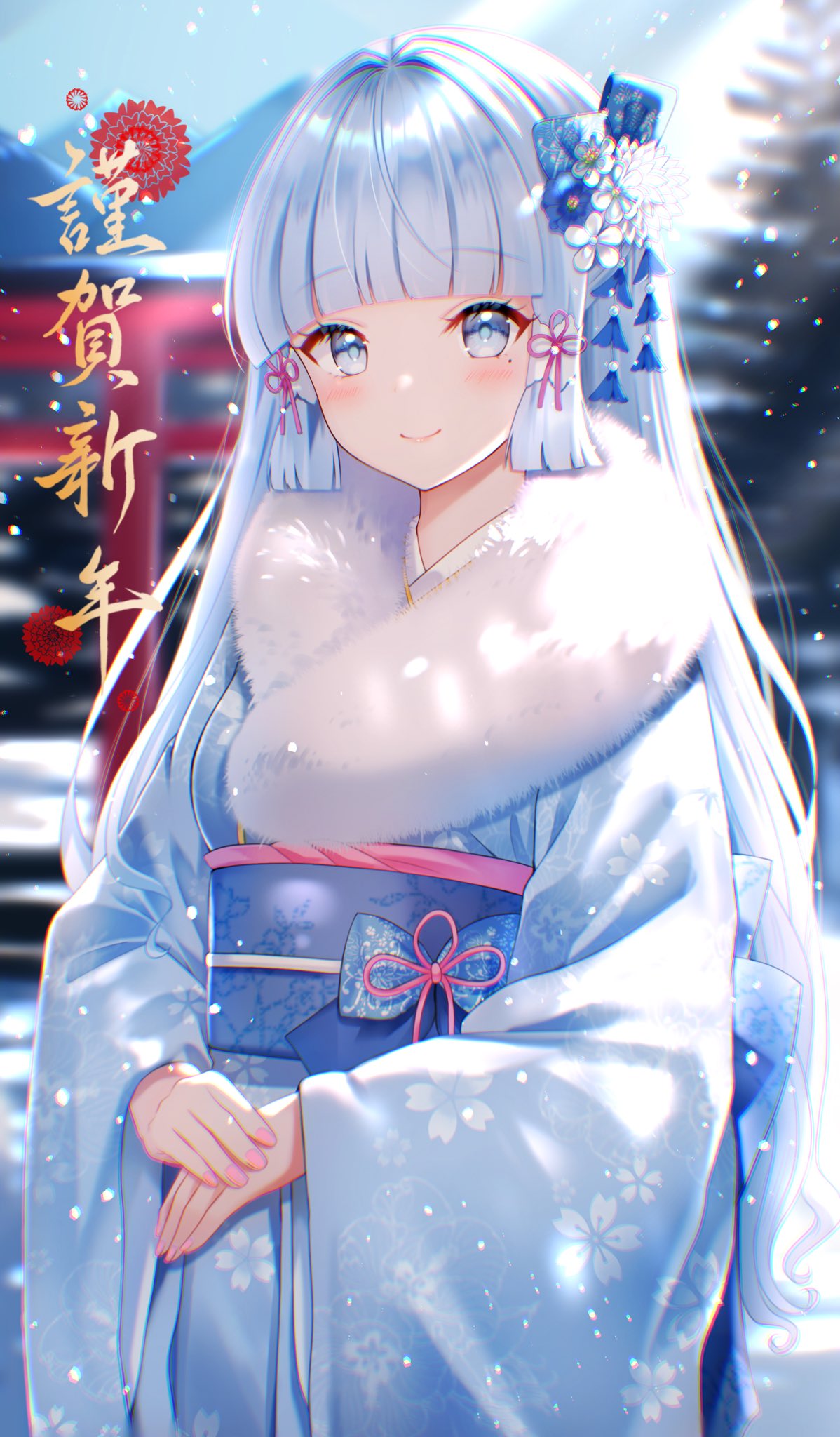 1girl alternate_costume alternate_hairstyle back_bow blue_eyes blue_hair blue_kimono blunt_bangs blunt_tresses bow closed_mouth flower genshin_impact hair_flower hair_ornament highres japanese_clothes kamisato_ayaka kimono long_hair long_sleeves looking_at_viewer mole mole_under_eye nasii outdoors pink_nails sidelocks smile snowing solo standing wide_sleeves