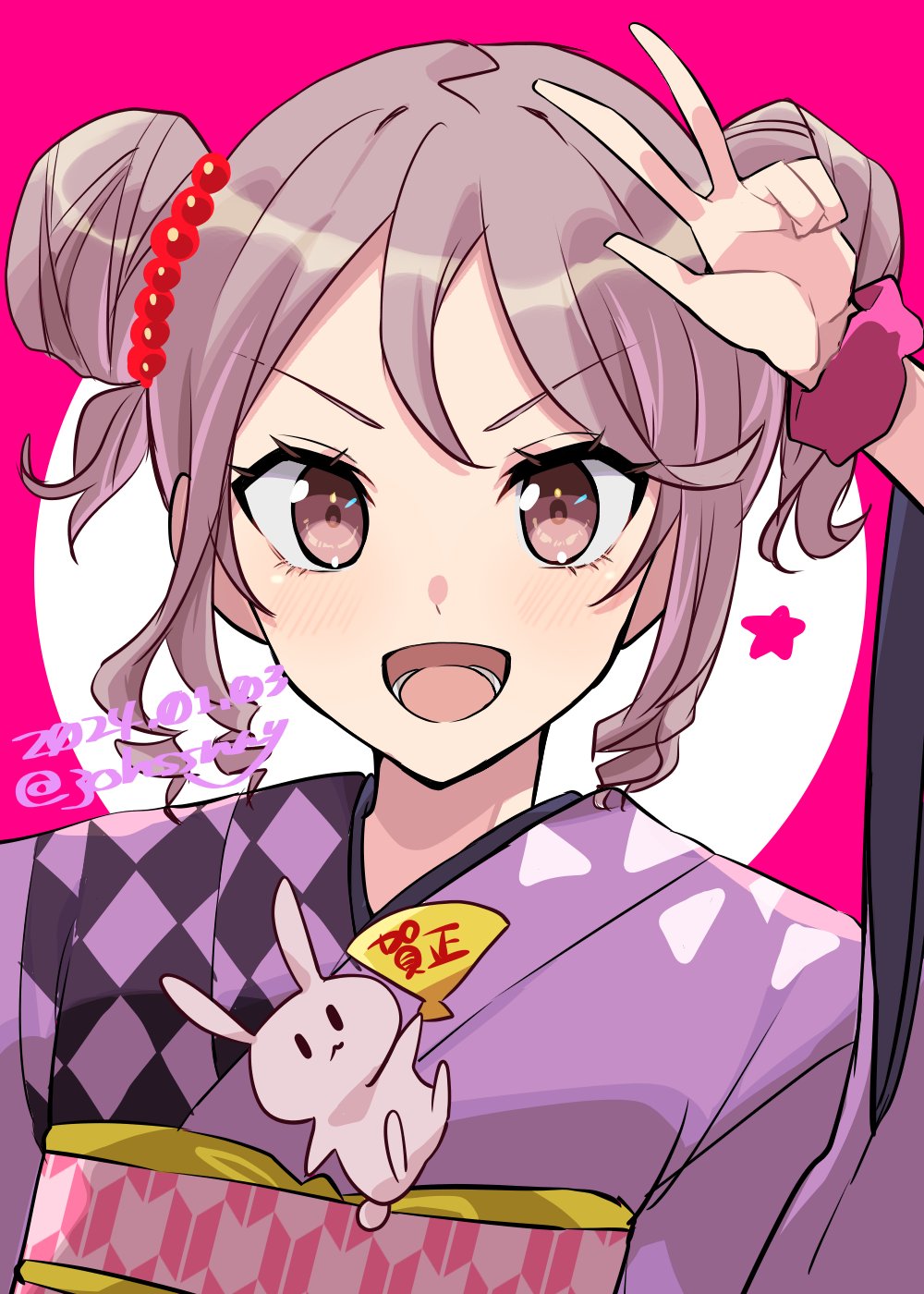 1girl alternate_costume alternate_hairstyle checkered_clothes dated double_bun hair_bun highres japanese_clothes johssnny kantai_collection kimono new_year one-hour_drawing_challenge pink_background pink_eyes pink_hair purple_kimono rabbit sazanami_(kancolle) short_hair smile twitter_username upper_body v