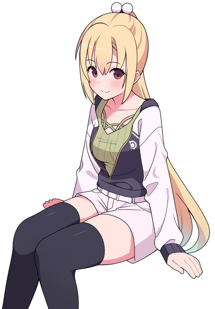 1girl arihara_nanami arms_at_sides black_thighhighs blonde_hair blush breasts casual closed_mouth collarbone commentary eyes_visible_through_hair feet_out_of_frame green_shirt hair_between_eyes hair_ornament jacket knees_together_feet_apart letterman_jacket long_hair medium_breasts official_alternate_costume official_alternate_hairstyle open_clothes open_jacket partially_unzipped pom_pom_(clothes) pom_pom_hair_ornament ponytail red_eyes riddle_joker shirt shorts simple_background sitting skindentation sleeves_past_wrists smile solo split_mouth straight_hair symbol-only_commentary thigh-highs thighs very_long_hair white_background white_shorts zettai_ryouiki zlmh7okwwbmghfo