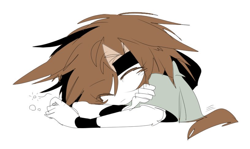 1other androgynous animal_ears black_headband black_wristband brown_hair closed_eyes closed_mouth colored_eyelashes colored_skin commentary dog_ears dog_tail green_shirt headband kemonomimi_mode kurohebi len'en ling_s no_nose other_focus shirt short_hair short_sleeves simple_background sketch sleeping solo symbol-only_commentary tail white_background white_skin wristband