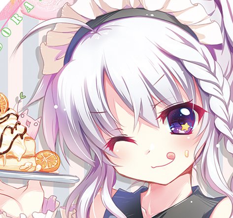 1girl 9-nine- :q ;) ahoge artist_self-insert blush braid cake close-up closed_mouth commentary_request drop_shadow eyes_visible_through_hair food food_on_face grey_hair hair_between_eyes izumi_tsubasu looking_at_viewer lowres maid_headdress niimi_sora official_art one_eye_closed sidelocks single_braid smile solo star_(symbol) star_in_eye symbol_in_eye tongue tongue_out violet_eyes