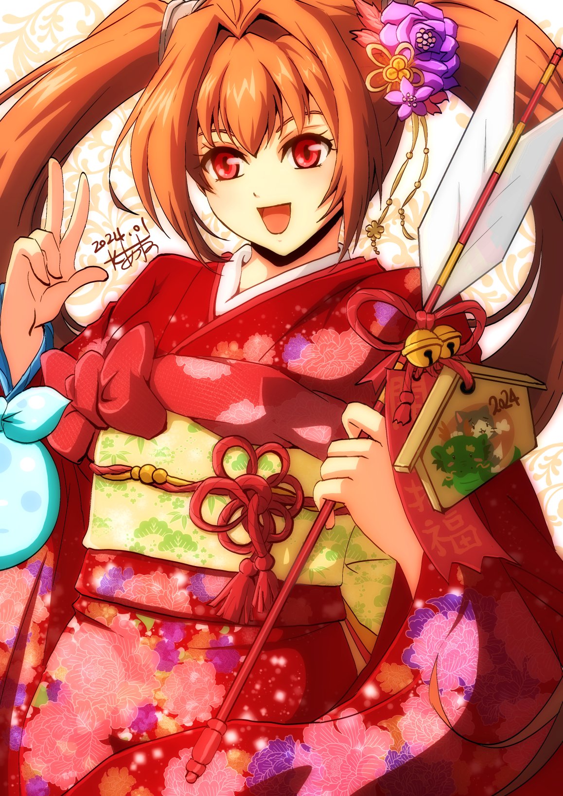1girl akane_kazami antenna_hair arrow_(projectile) bell brown_hair dated double-parted_bangs eiyuu_densetsu ema estelle_bright flower hair_between_eyes hair_flower hair_ornament hamaya highres holding holding_arrow japanese_clothes jingle_bell kimono mixed-language_commentary red_eyes signature smile solo sora_no_kiseki twintails v