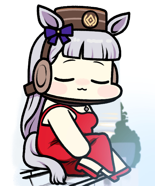 1girl animal_ears blue_bow blunt_bangs bow brown_headwear commentary dress ear_bow facing_to_the_side facing_viewer gold_ship_(umamusume) grey_hair high_heels horse_ears horse_girl horse_tail jazz_jack long_hair photo-referenced pillbox_hat red_dress red_footwear sitting sleeveless sleeveless_dress solo tail tail_through_clothes umamusume