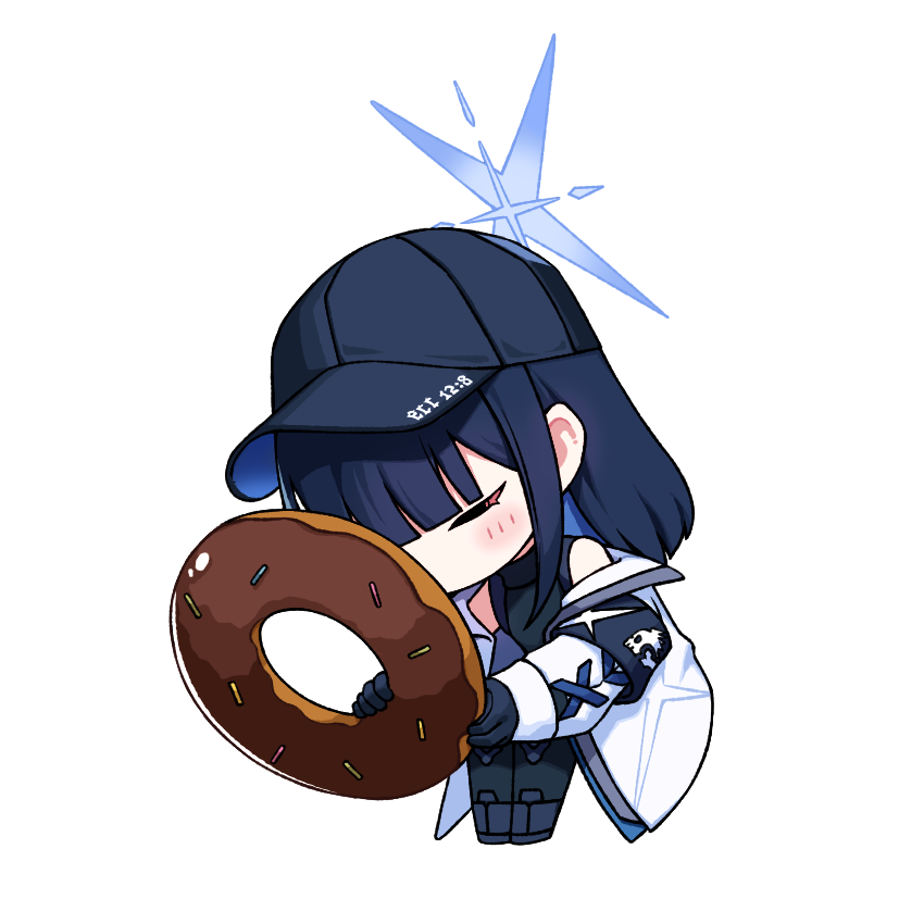 1girl armband artpatient baseball_cap black_armband black_gloves black_headwear black_pants black_shirt blue_archive blue_hair blunt_bangs chibi doughnut food full_body gloves halo hat holding holding_food jacket long_hair long_sleeves off_shoulder open_clothes open_jacket pants saori_(blue_archive) shirt simple_background solo standing white_background white_jacket