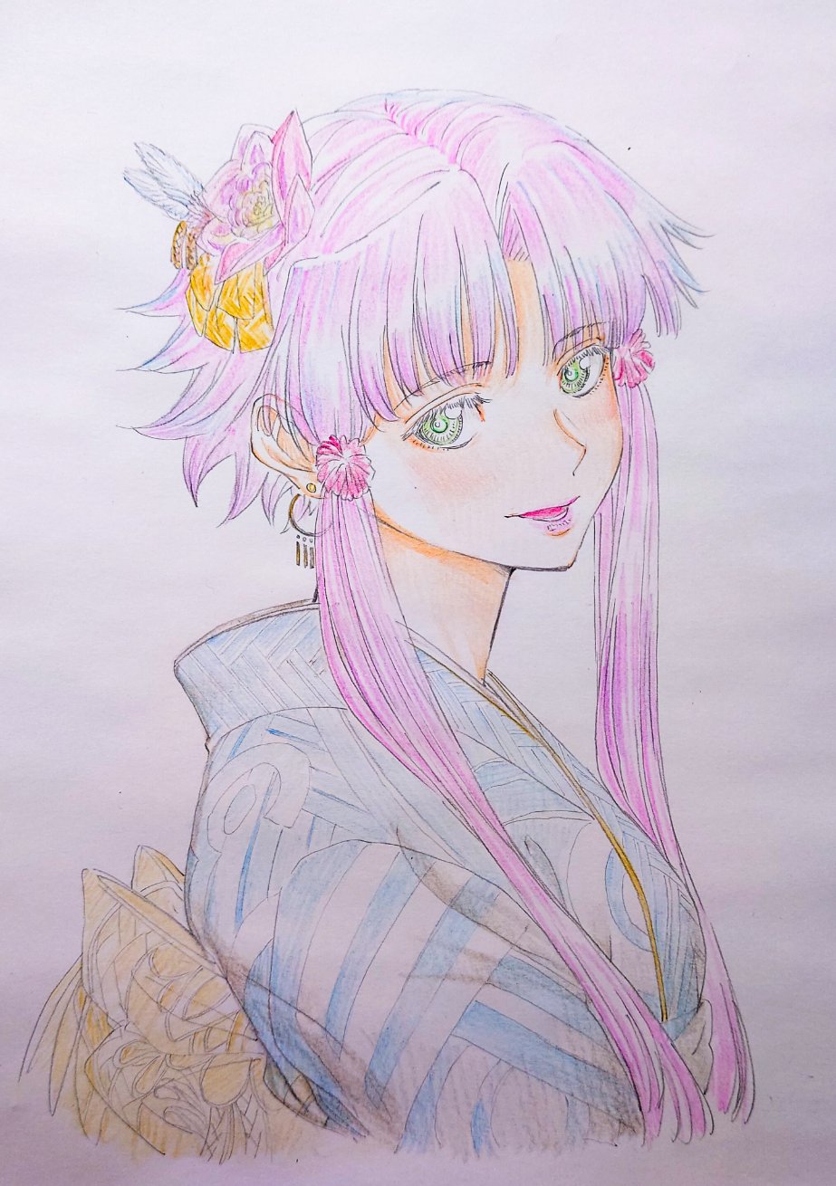 1girl alternate_costume aria_(manga) blue_kimono blush commentary_request cropped_torso cwind earrings feather_hair_ornament feathers flower from_side green_eyes hair_flower hair_ornament highres japanese_clothes jewelry kimono lips mizunashi_akari obi open_mouth parted_bangs pink_flower pink_hair sash short_hair_with_long_locks simple_background sketch solo two-tone_kimono white_background white_kimono yellow_sash