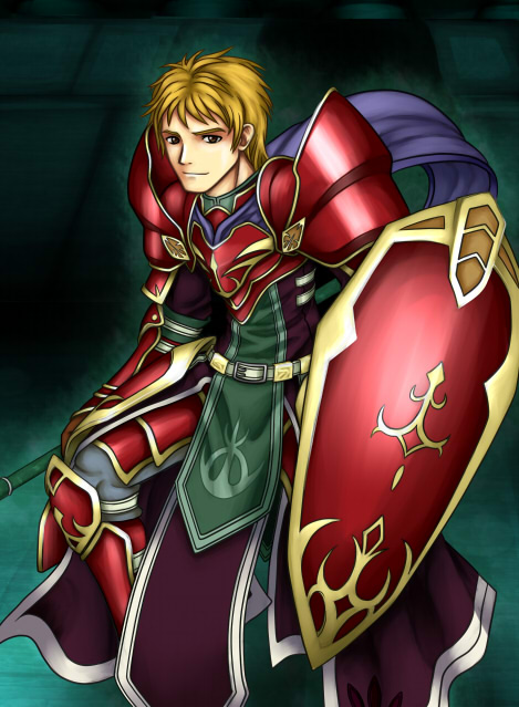 1boy armor blonde_hair breastplate brown_eyes commentary_request fire_emblem fire_emblem:_radiant_dawn holding holding_polearm holding_shield holding_weapon levail_(fire_emblem) looking_at_viewer pauldrons polearm purutoppu_(toranohige) red_armor shield shoulder_armor smile solo standing weapon
