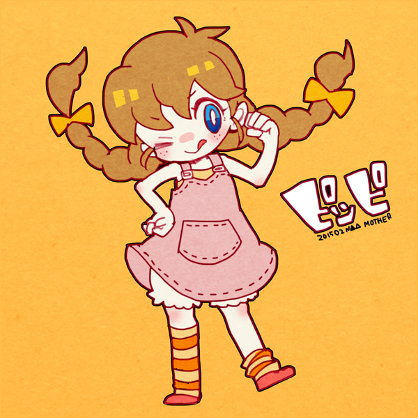1girl 73_(naa) asymmetrical_legwear bloomers blue_eyes bow bright_pupils brown_hair clenched_hand dress freckles full_body licking_lips mother_(game) mother_1 one_eye_closed orange_background orange_bow pinafore_dress pink_dress pippi_(mother) red_footwear sleeveless sleeveless_dress smile socks solo striped striped_socks tongue tongue_out translation_request twin_braids twintails white_bloomers white_pupils