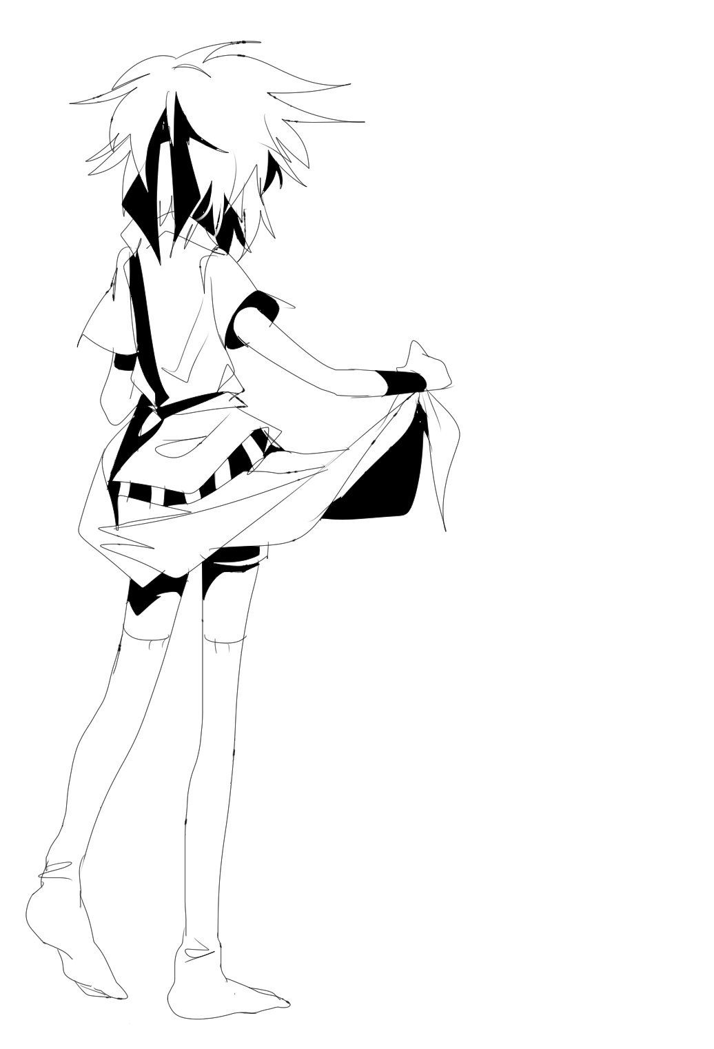 1other androgynous armband chinese_commentary coat coat_hold commentary_request from_behind full_body greyscale hairband high_contrast highres kurohebi len'en ling_s monochrome no_shoes other_focus short_hair short_sleeves simple_background sketch socks solo white_background