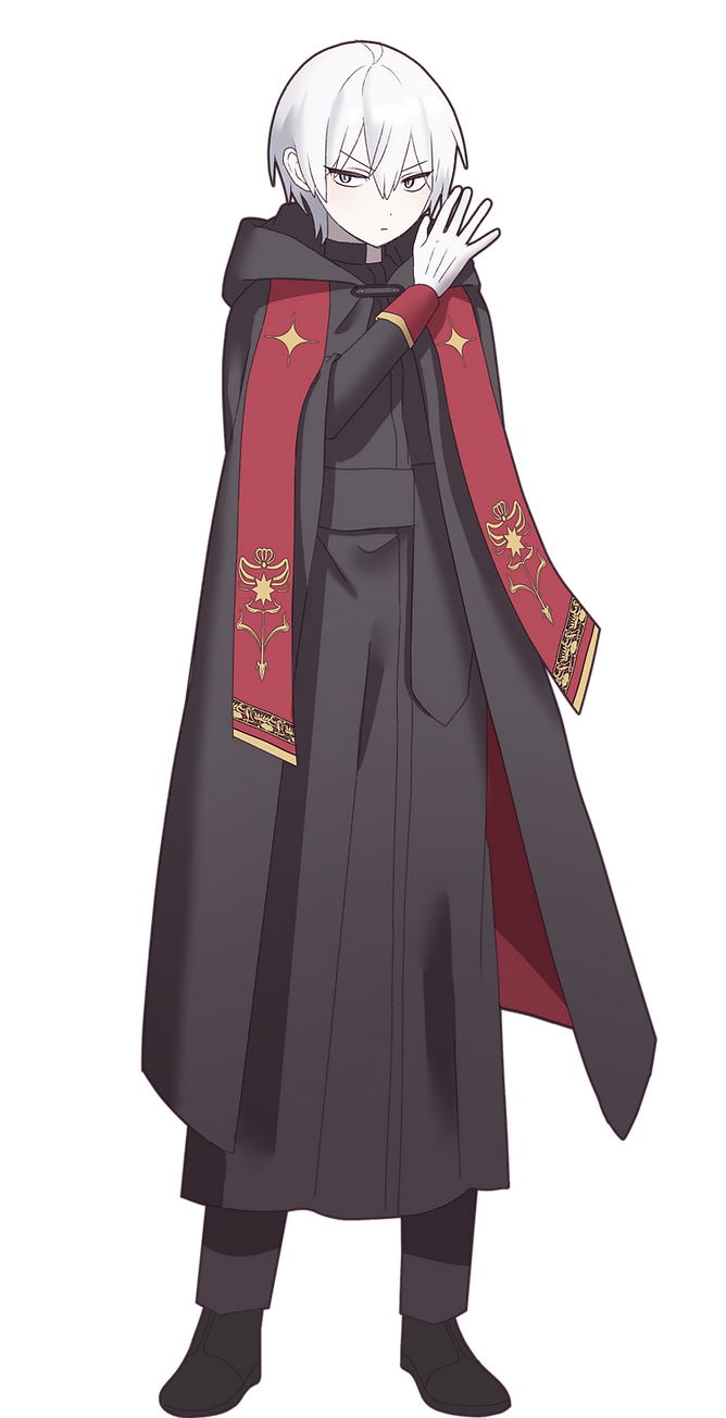 &gt;:( 122pxsheol 1boy amii_eckaran black_cape blue_eyes cape hand_up happy_saint_sheol highres official_art priest red_scarf scarf short_hair solo spread_fingers standing v-shaped_eyebrows white_hair