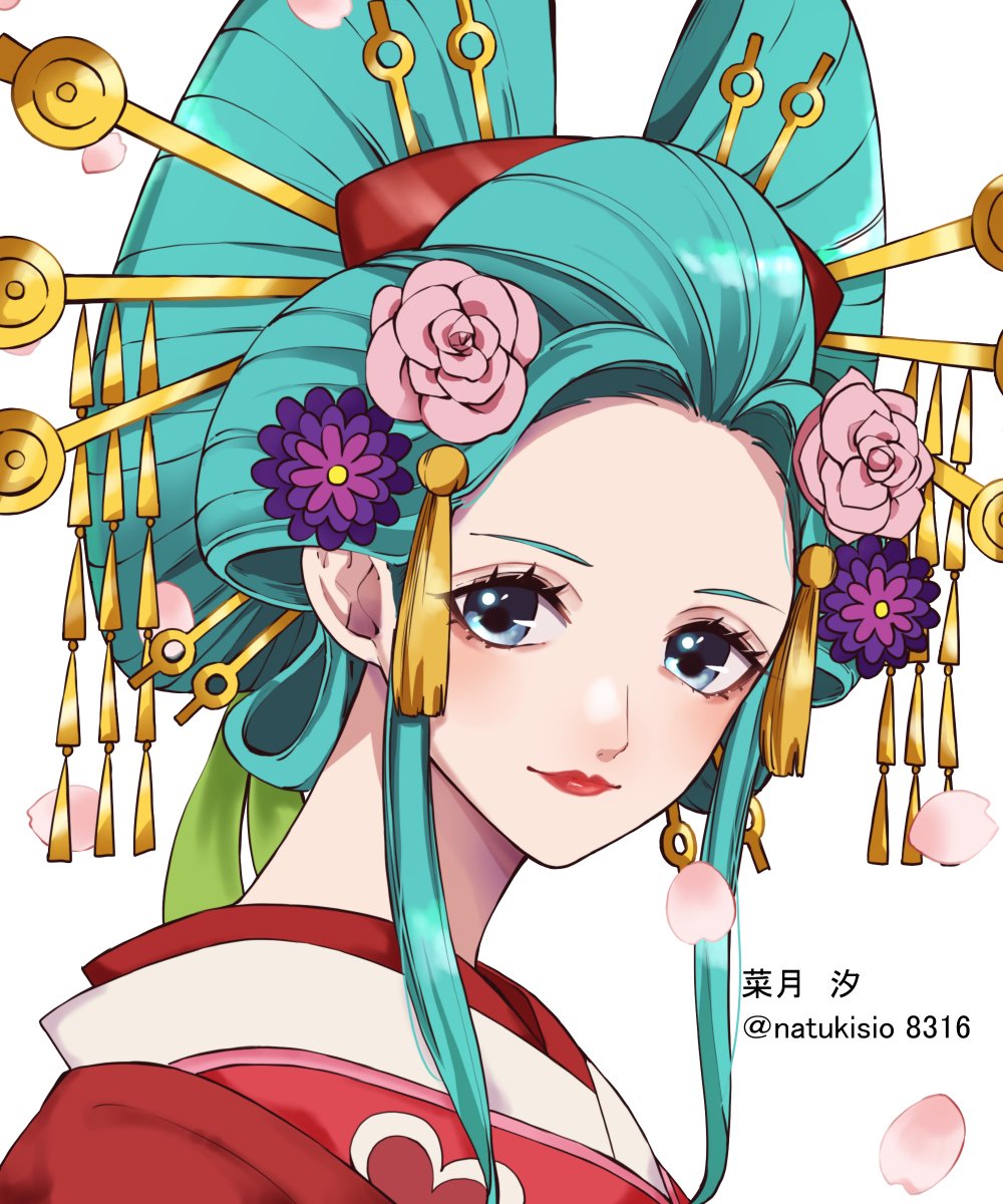1girl aqua_hair artist_name blue_eyes blush closed_mouth commentary_request flower hair_flower hair_ornament hair_stick highres japanese_clothes kouzuki_hiyori lips lipstick makeup natsuki_shio nihongami oiran one_piece pink_flower red_lips simple_background smile solo translation_request white_background