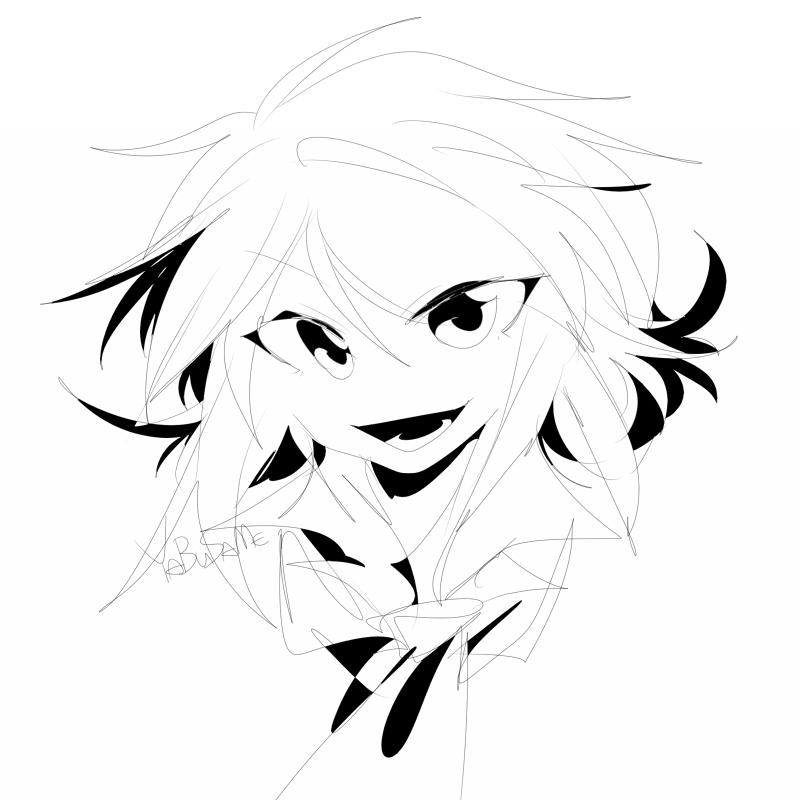 1other androgynous ascot character_name chinese_commentary commentary_request greyscale high_contrast houlen_yabusame len'en ling_s looking_at_viewer lower_teeth_only medium_hair monochrome no_nose open_mouth other_focus simple_background sketch smile teeth white_background