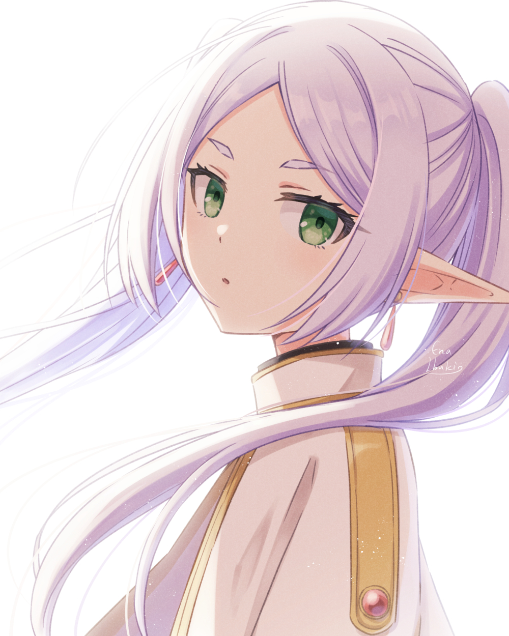 1girl blush cape earrings frieren green_eyes high_collar highres ibuki_ena jewelry long_hair long_pointy_ears looking_at_viewer parted_lips pointy_ears solo sousou_no_frieren thick_eyebrows twintails upper_body white_hair