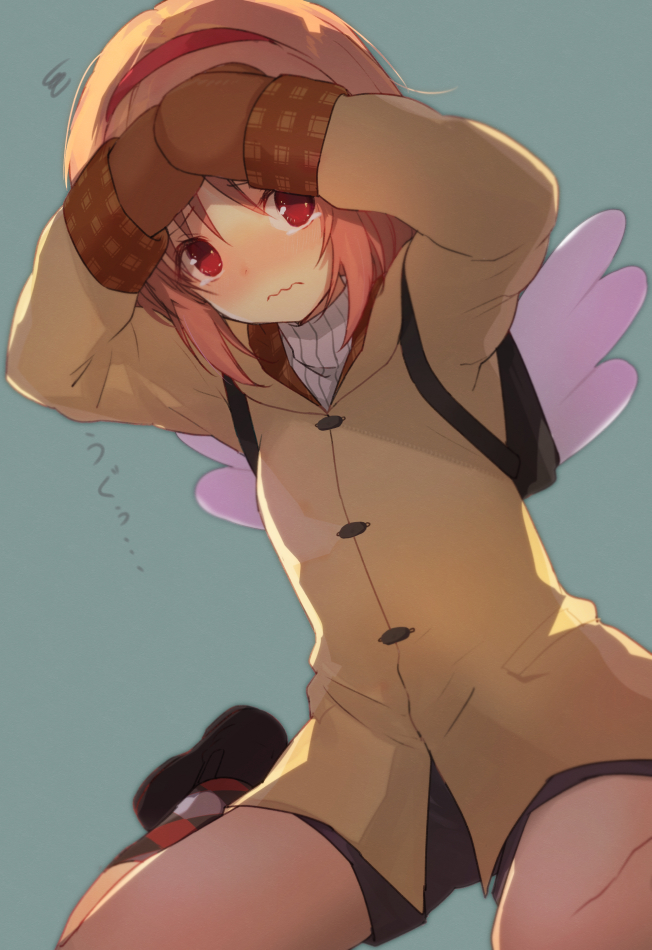 1girl angel_wings arms_up backlighting backpack bag black_footwear blurry blush brown_hair brown_mittens closed_mouth coat commentary_request covering_forehead depth_of_field fake_wings frown green_background hair_between_eyes hairband hand_on_own_forehead kanon knees_out_of_frame long_sleeves looking_at_viewer medium_hair mittens nagesuteaka nose_blush red_eyes red_hairband sad simple_background sitting solo squiggle tearing_up tears translated tsukimiya_ayu wariza wavy_mouth white_wings wings yellow_coat