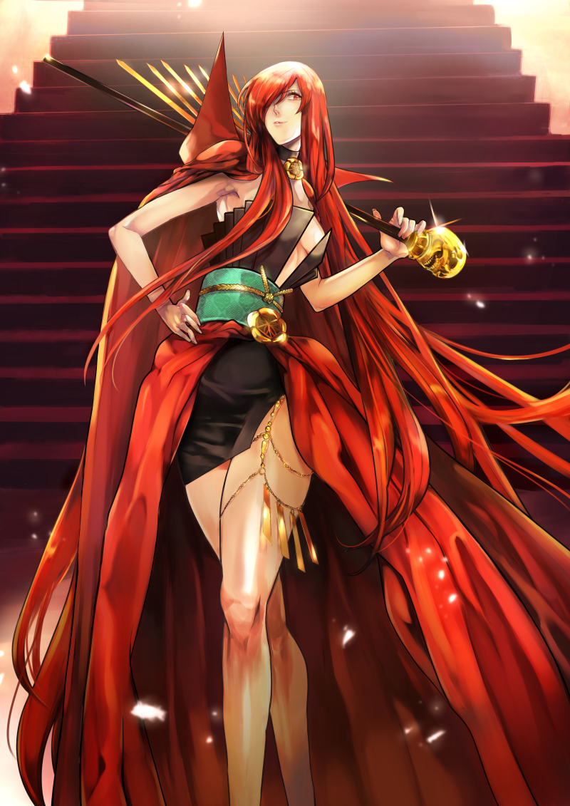 1girl 2-nichi alternate_costume armpits black_dress cane cape carrying_over_shoulder collared_cape dress family_crest fate/grand_order fate_(series) full_body hair_over_one_eye holding holding_cane jewelry knees long_hair looking_at_viewer medallion necklace oda_nobunaga_(fate) oda_nobunaga_(maou_avenger)_(fate) oda_uri popped_collar red_cape red_eyes redhead skull sleeveless smirk solo stairs very_long_hair