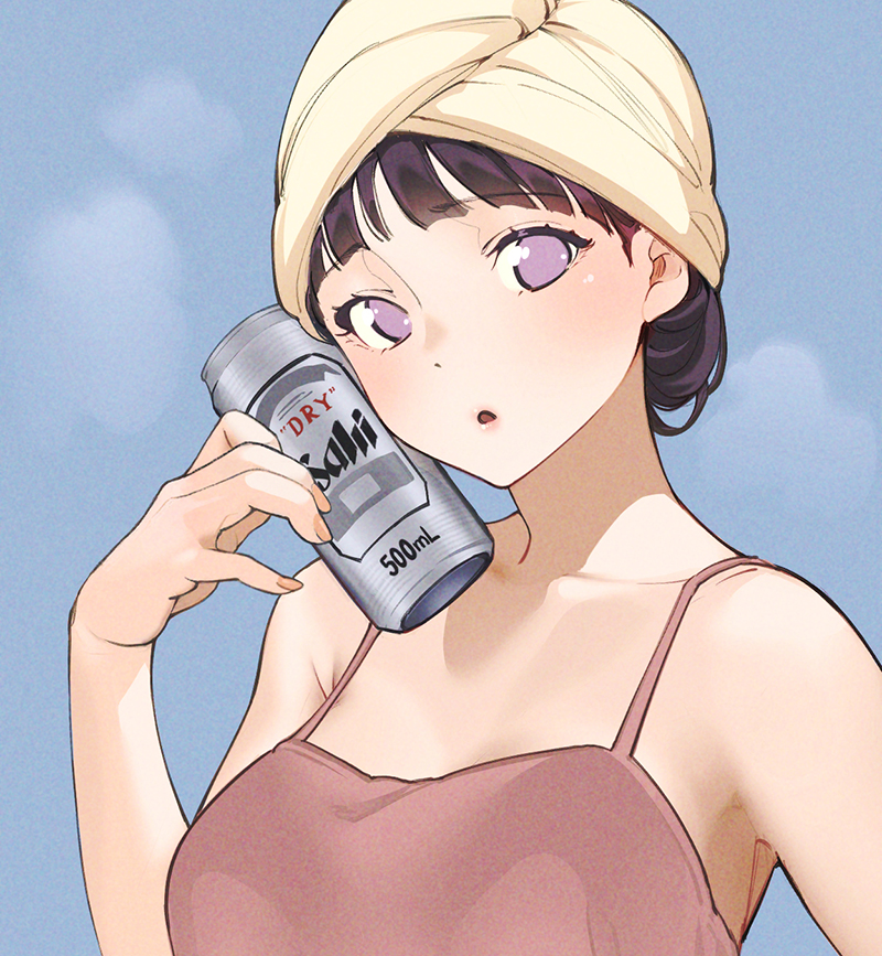 1girl alcohol beer_can black_hair boruto:_naruto_next_generations c-eye camisole can drink_can drying drying_hair holding holding_can hyuuga_hinata looking_at_viewer naruto_(series) no_pupils pink_camisole solo steam towel towel_on_head violet_eyes