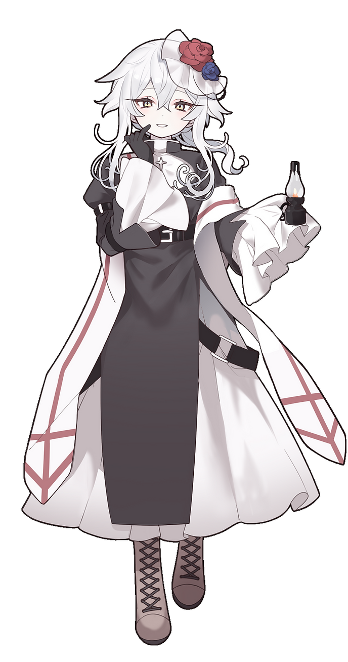122pxsheol 1girl :d belt black_gloves blue_eyes boots cross cross_necklace dress flower frills gloves hair_flower hair_flowing_over hair_ornament haku_eckaran hand_on_own_face happy_saint_sheol highres jewelry long_eyelashes long_sleeves looking_at_viewer necklace nun official_art oil_lamp ponytail puffy_long_sleeves puffy_sleeves scarf sidelocks smile solo turtleneck_dress walking white_hair white_scarf yellow_eyes