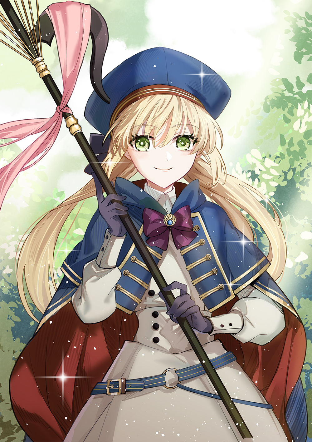 1girl artoria_caster_(fate) artoria_pendragon_(fate) blonde_hair blue_cape blue_headwear bow bowtie cape closed_mouth dress fate/grand_order fate_(series) floating_hair gloves green_eyes grey_dress hat highres holding holding_staff long_hair long_sleeves looking_at_viewer purple_bow purple_bowtie purple_gloves smile solo sparkle staff standing twintails zerocastle