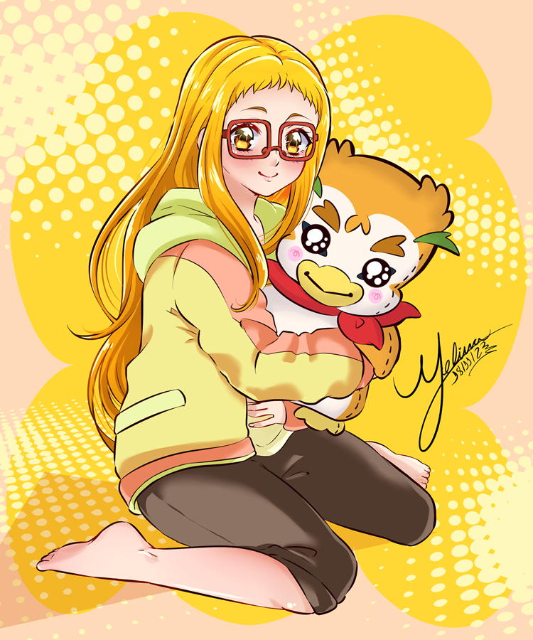 1girl artist_name barefoot black_pants blonde_hair capri_pants character_doll closed_mouth commentary dated english_commentary glasses holding holding_stuffed_toy hood hood_down hoodie kasugano_urara_(yes!_precure_5) kibou_no_chikara_~otona_precure_'23~ long_hair long_sleeves looking_at_viewer mel-chan pants precure rectangular_eyewear red-framed_eyewear signature sitting smile solo stuffed_toy syrup_(yes!_precure_5) wariza yellow_background yellow_eyes yellow_hoodie yes!_precure_5