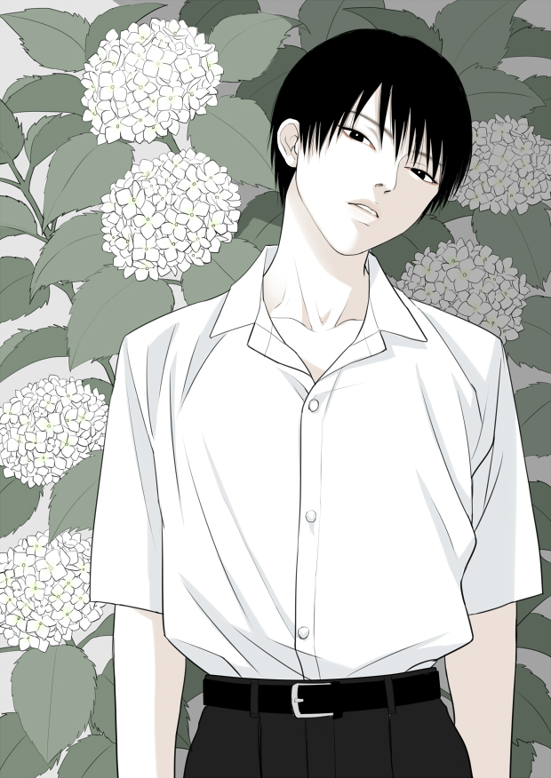 1boy arms_at_sides belt black_belt black_eyes black_hair black_pants buttons collarbone collared_shirt commentary english_commentary floral_background flower head_tilt hiakko hydrangea leaf leaf_background looking_at_viewer male_focus muted_color open_collar original pale_skin pants parted_lips school_uniform shirt shirt_tucked_in short_hair short_sleeves solo upper_body white_flower white_shirt