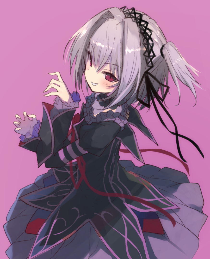 1girl black_dress black_hairband black_ribbon blush choker claw_pose commentary dress eyes_visible_through_hair frilled_choker frilled_sleeves frills from_above gothic_lolita grey_hair grin hair_between_eyes hair_intakes hair_ribbon hairband hands_up hapymaher juliet_sleeves lolita_fashion long_ribbon long_sleeves looking_at_viewer medium_hair nagesuteaka naitou_maia pink_background puffy_sleeves red_eyes red_ribbon ribbon simple_background slit_pupils smile solo tsurime two_side_up wide_sleeves