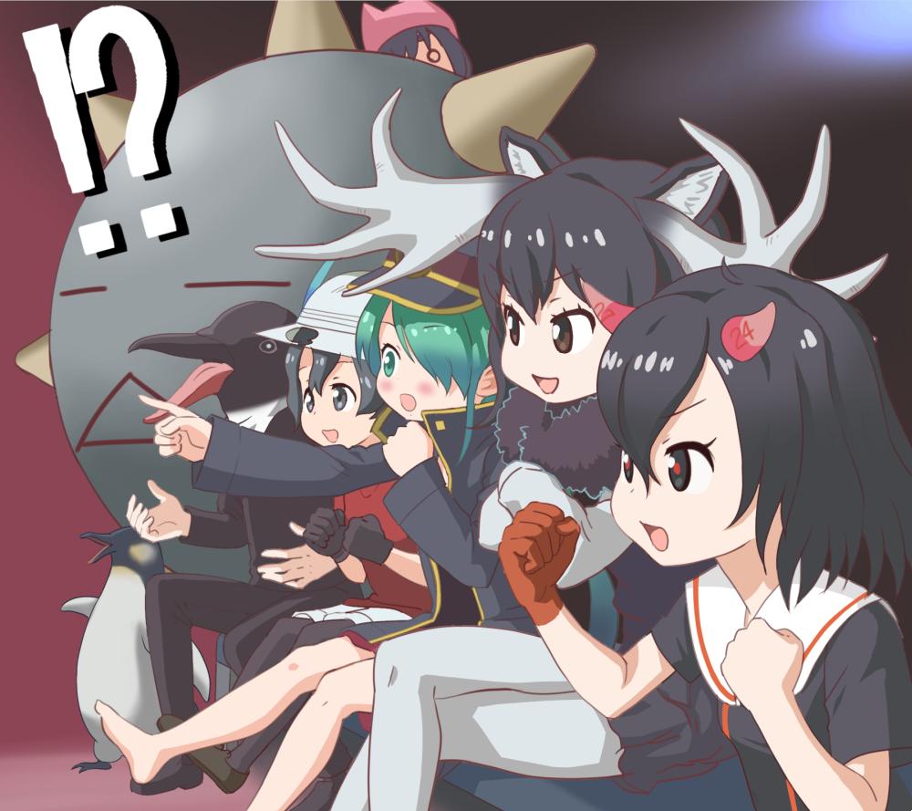 !? 1boy 5girls :d animal_ear_fluff animal_ears antlers barefoot bird black_background black_coat black_footwear black_gloves black_hair black_pants black_shirt black_skirt blue_background brown_eyes brown_footwear butsumetsu_(irodori) clenched_hand clenched_hands coat commentary_request couch creator_connection crossed_arms death_metal_sayaka death_metal_sayaka_to_butsumetsu gaijin_4koma_(meme) gloves green_eyes green_hair grey_eyes grey_thighhighs hair_between_eyes hair_over_one_eye hat hat_feather helmet hentatsu horns irodori_(irodoriginal) kaban_(kemono_friends) keifuku-san keifuku_(tatsuki) kemono_friends kemurikusa light_blush long_hair looking_to_the_side meme moose_(kemono_friends) multicolored_background multiple_girls oni_(hentatsu) oni_horns open_mouth pants peaked_cap penguin pith_helmet pointing real_life red_background red_gloves red_horns red_pupils red_shirt shirt shoes short_hair single_glove sitting skirt smile tamagoya tatsuki_(person) thigh-highs white_headwear