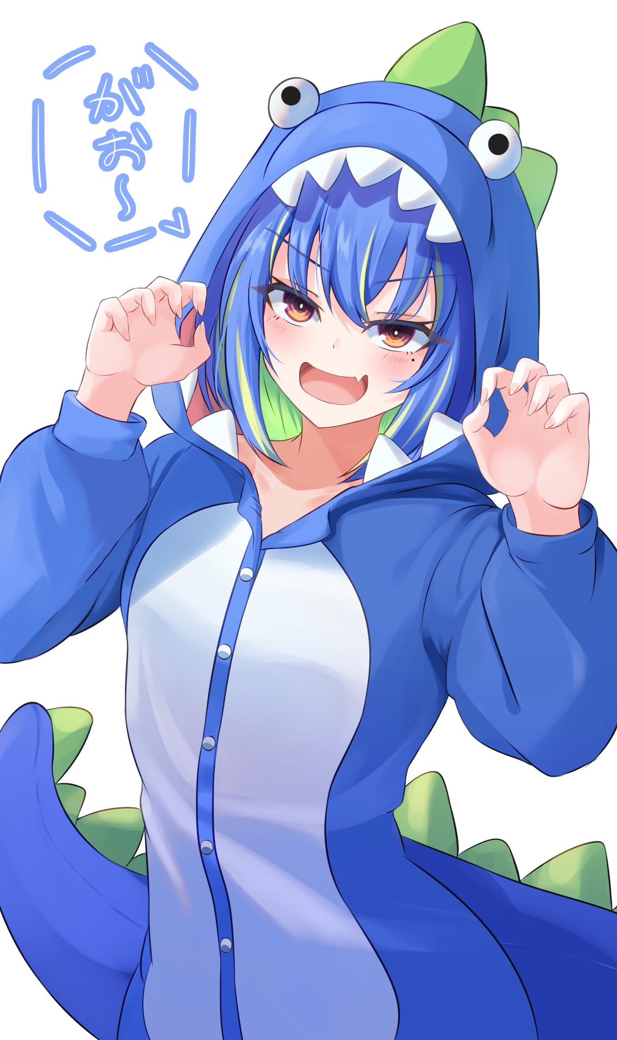 1girl alternate_costume blue_hair blush buttons claw_pose commentary_request cowboy_shot dinosaur_costume fang fingernails flat_chest green_hair highres hood hood_up kirakira_620 looking_at_viewer medium_hair mole mole_under_eye multicolored_hair nanashi_inc. onesie open_mouth simple_background skin_fang smile solo standing suzumi_nemo two-tone_hair virtual_youtuber white_background