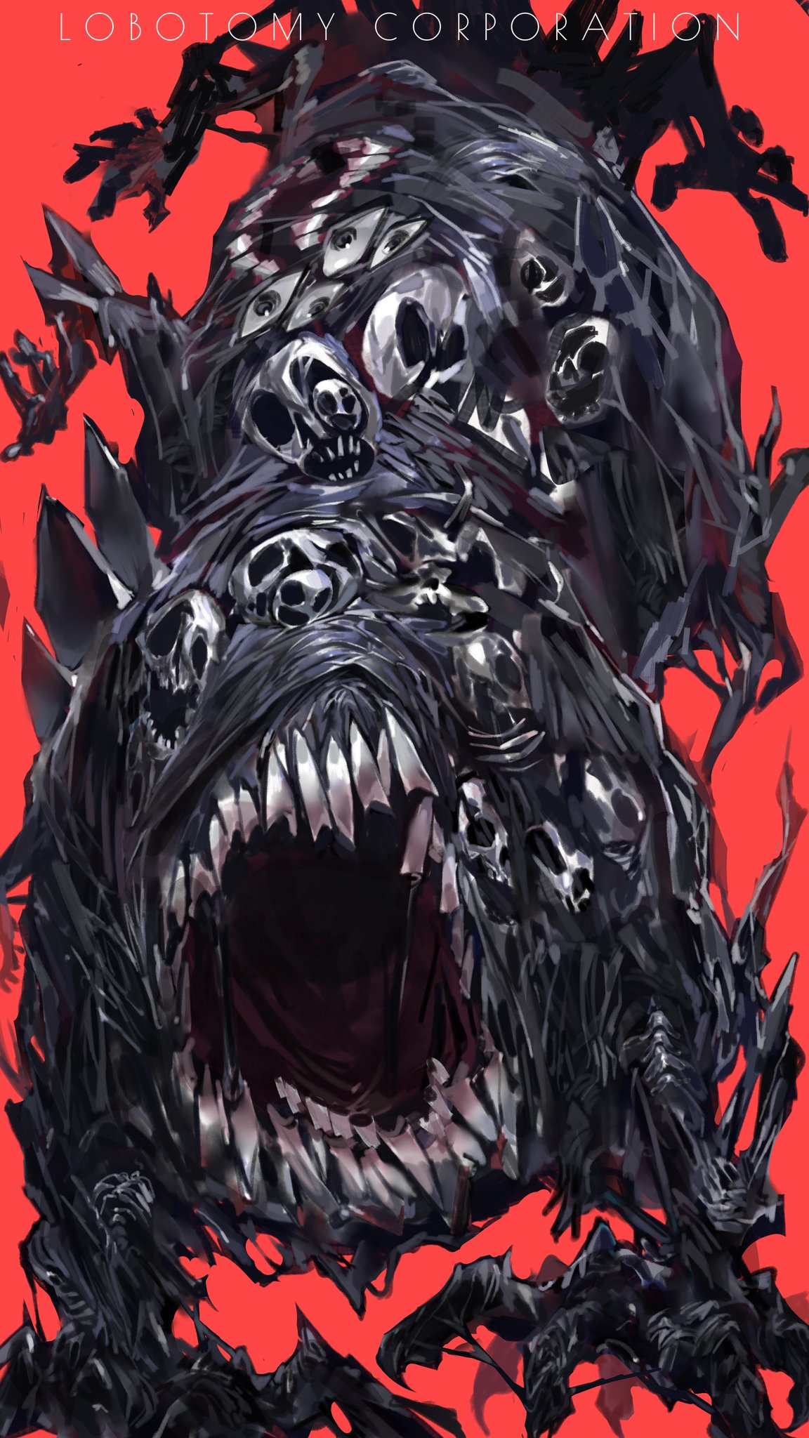 commentary_request copyright_name extra_eyes extra_faces highres korean_commentary lobotomy_corporation monster mountain_of_smiling_bodies multiple_legs nameno92372763 no_humans open_mouth project_moon red_background ribs simple_background spine teeth