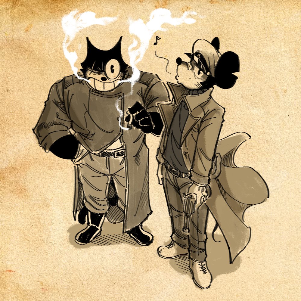 2boys alternate_universe cat_boy cigarette commentary disney english_commentary felix_the_cat felix_the_cat_(series) from_above full_body furry furry_male gun hand_in_pocket holding holding_cigarette holding_gun holding_weapon jinjango long_coat looking_at_viewer mickey_mouse mouse_boy multiple_boys pants paper_background revolver scar scar_across_eye sepia shoes smoking standing steamboat_willie weapon whistling