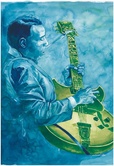 1boy artworksmil guitar holding holding_instrument instrument looking_at_object music original painting_(medium) playing_instrument realistic solo traditional_media watercolor_(medium)
