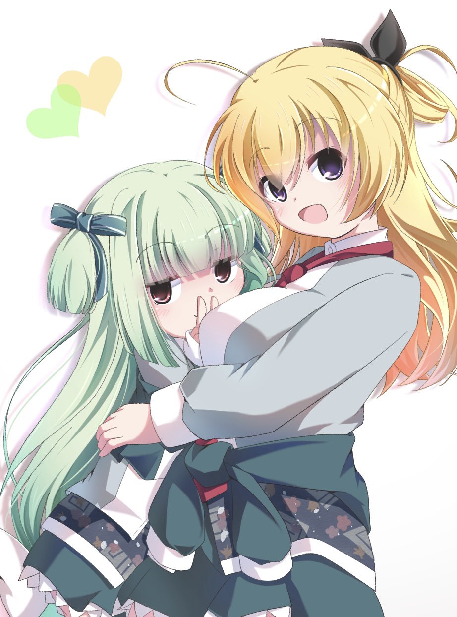 2girls ahoge between_breasts black_ribbon blonde_hair blue_ribbon blunt_bangs blunt_ends blush breasts clothes_around_waist commentary cowboy_shot drop_shadow from_side fuyu_(winter90290612) green_hair green_skirt hair_between_eyes hair_ribbon half_updo head_between_breasts heart highres hime_cut hug jitome large_breasts lena_liechtenauer long_hair long_sleeves looking_at_viewer multiple_girls murasame_(senren) necktie open_mouth red_eyes red_necktie ribbon school_uniform senren_banka simple_background skirt smile two_side_up v very_long_hair violet_eyes white_background
