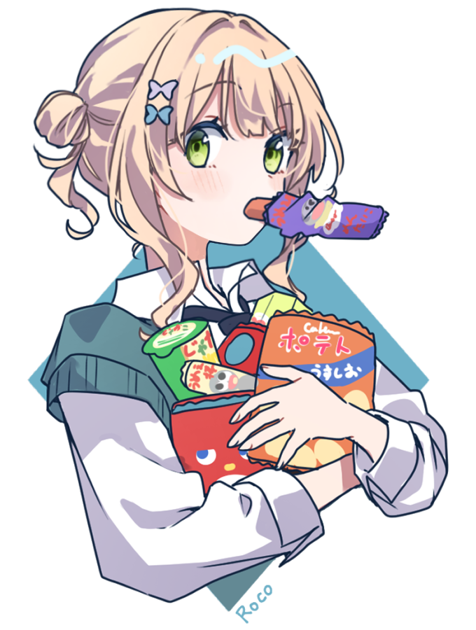1girl blonde_hair blue_bow blue_necktie blue_sweater_vest blush bow character_name collared_shirt commentary cropped_torso dress_shirt food food_in_mouth green_eyes hair_bow hair_bun holding holding_food holding_snack kaburaki_roco kashikaze long_sleeves looking_at_viewer necktie nijisanji purple_bow school_uniform shirt short_hair_with_long_locks sidelocks simple_background snack solo sweater_vest transparent_background upper_body virtual_youtuber white_shirt