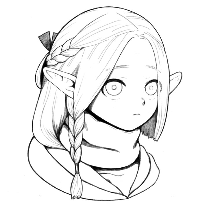 1girl asymmetrical_hair braid closed_mouth cropped_shoulders dungeon_meshi elf elftoissho frown hair_around_ear half_updo long_hair looking_ahead marcille monochrome official_alternate_hair_length official_alternate_hairstyle parted_bangs pointy_ears scarf side_braid simple_background solo