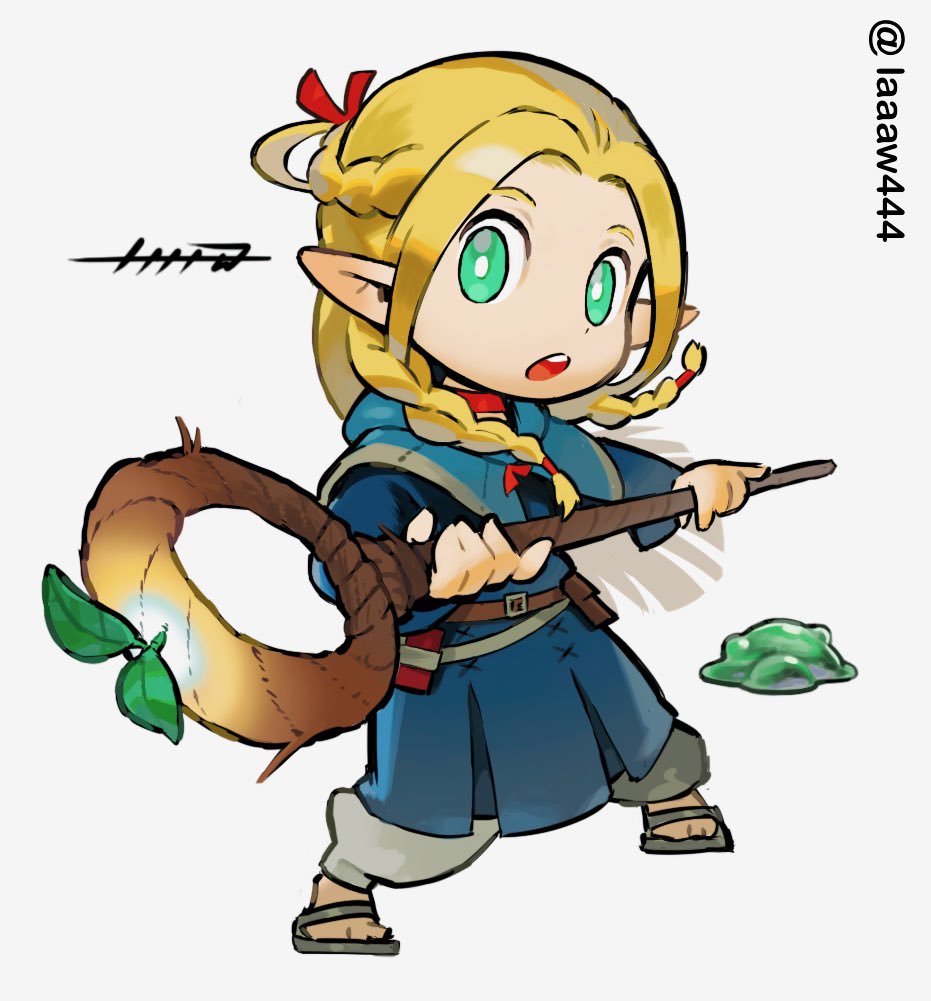 1girl aiming aiming_at_viewer belt_pouch blonde_hair blue_capelet blue_robe braid capelet chibi choker dungeon_meshi elf floating_hair full_body green_eyes hair_ribbon half_updo holding holding_staff hood hood_down hooded_capelet laaaw444 long_hair long_sleeves looking_at_viewer marcille open_mouth pants parted_bangs pointy_ears pouch red_ribbon ribbon robe sandals side_braid simple_background slime_(creature) solo sprout staff standing twitter_username white_background white_pants