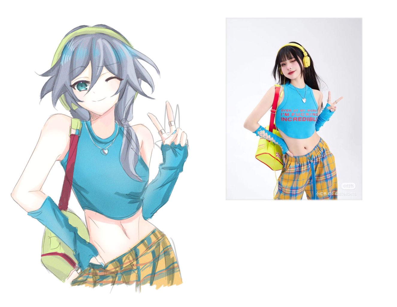 bare_shoulders belly blue_eyes blue_gloves blue_hair blue_shirt closed_mouth dnh260 elbow_gloves fingerless_gloves fu_hua gloves green_bag green_headwear grey_hair hair_between_eyes honkai_(series) honkai_impact_3rd low_ponytail one_eye_closed pants ponytail real_life shirt simple_background sleeveless smile white_background yellow_pants